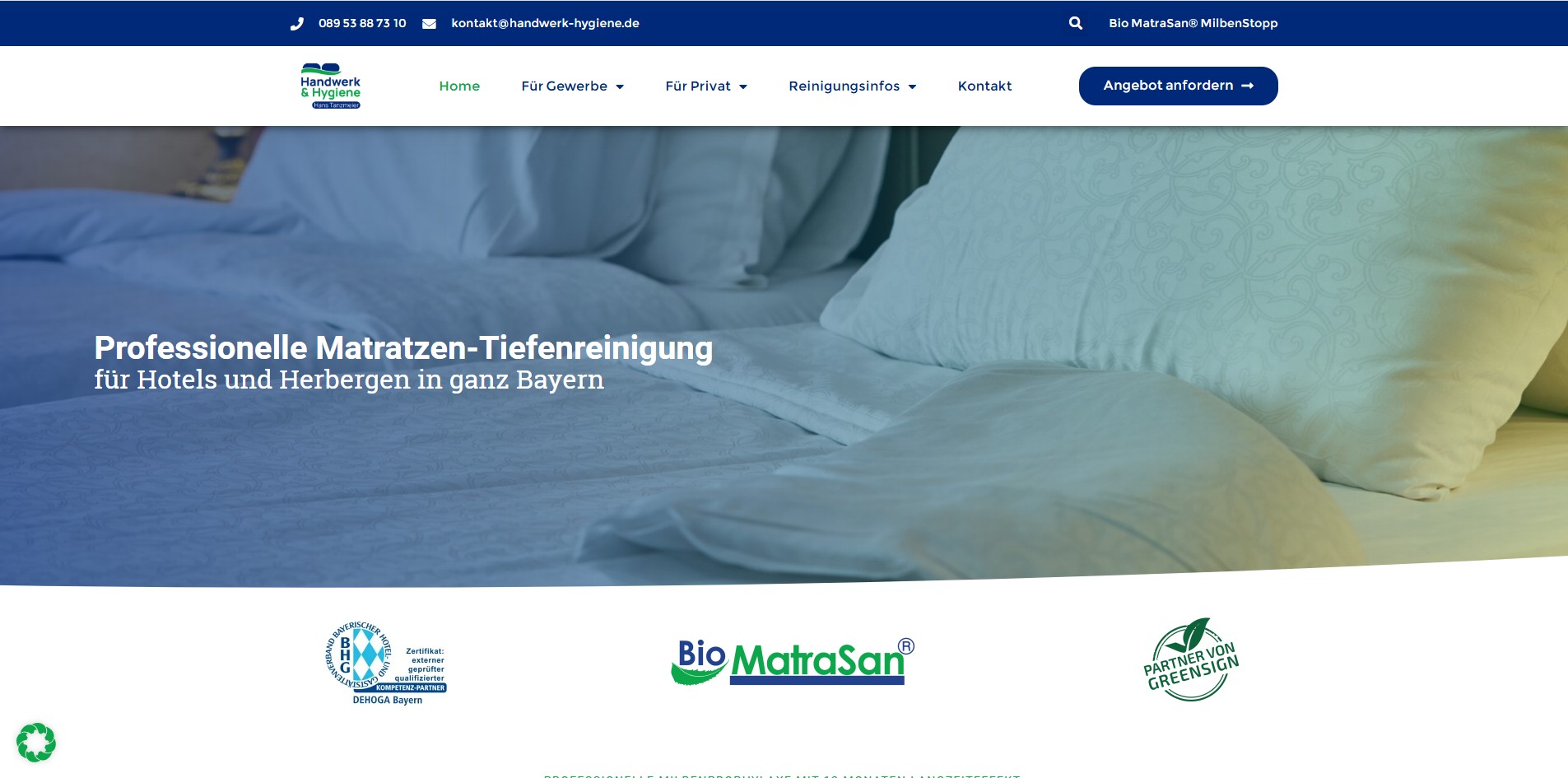 Bild zeigt die alte Seite eines Matratzenreinigungsunternehmens.